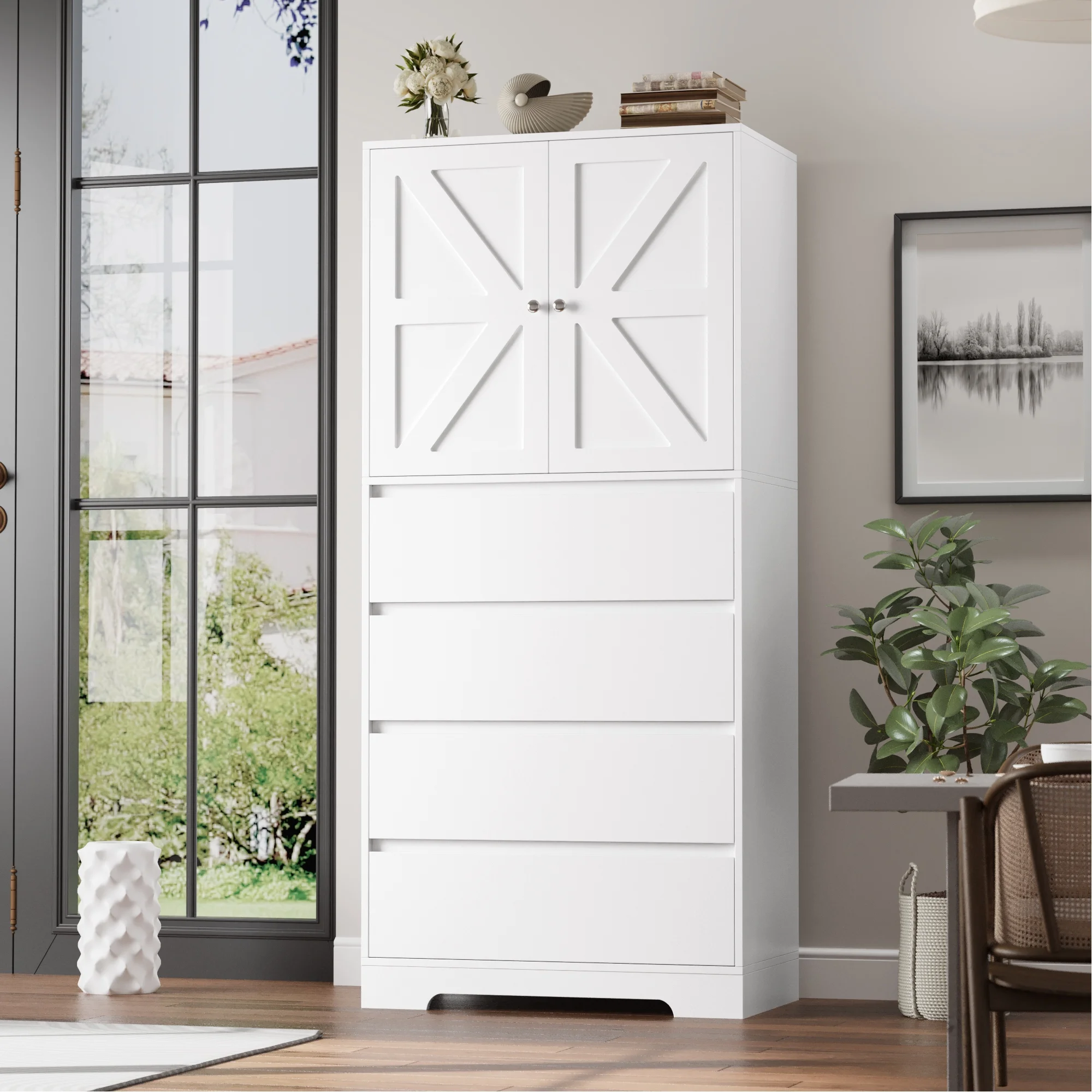 Homfa 64.2'' Tall Farmhouse Kitchen Pantry Storage Cabinet, 4 Drawer Wood Freestanding Storage Cabinet for Home Office Small Spaces, White