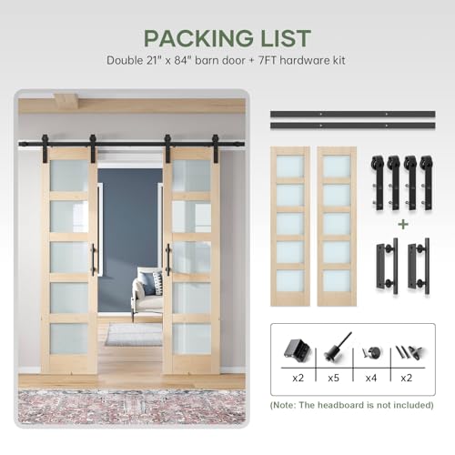 42x84 inch Glass Sliding Barn Door Slab with 7ft Hardware Kit Included, 5-Panel Frosted Glass, Spruce Wood Support DIY Dyeing, Easy Assembly