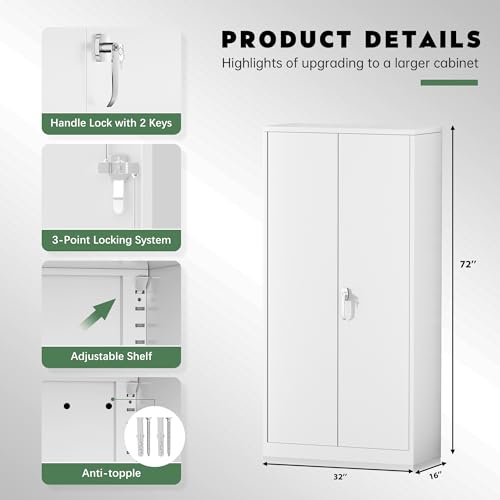 Greenvelly Steel SnapIt Storage Cabinet 72" Locking Metal Garage Storage Cabinet with 4 Adjustable Shelves, 2 Doors and Lock for File, Office, Garage