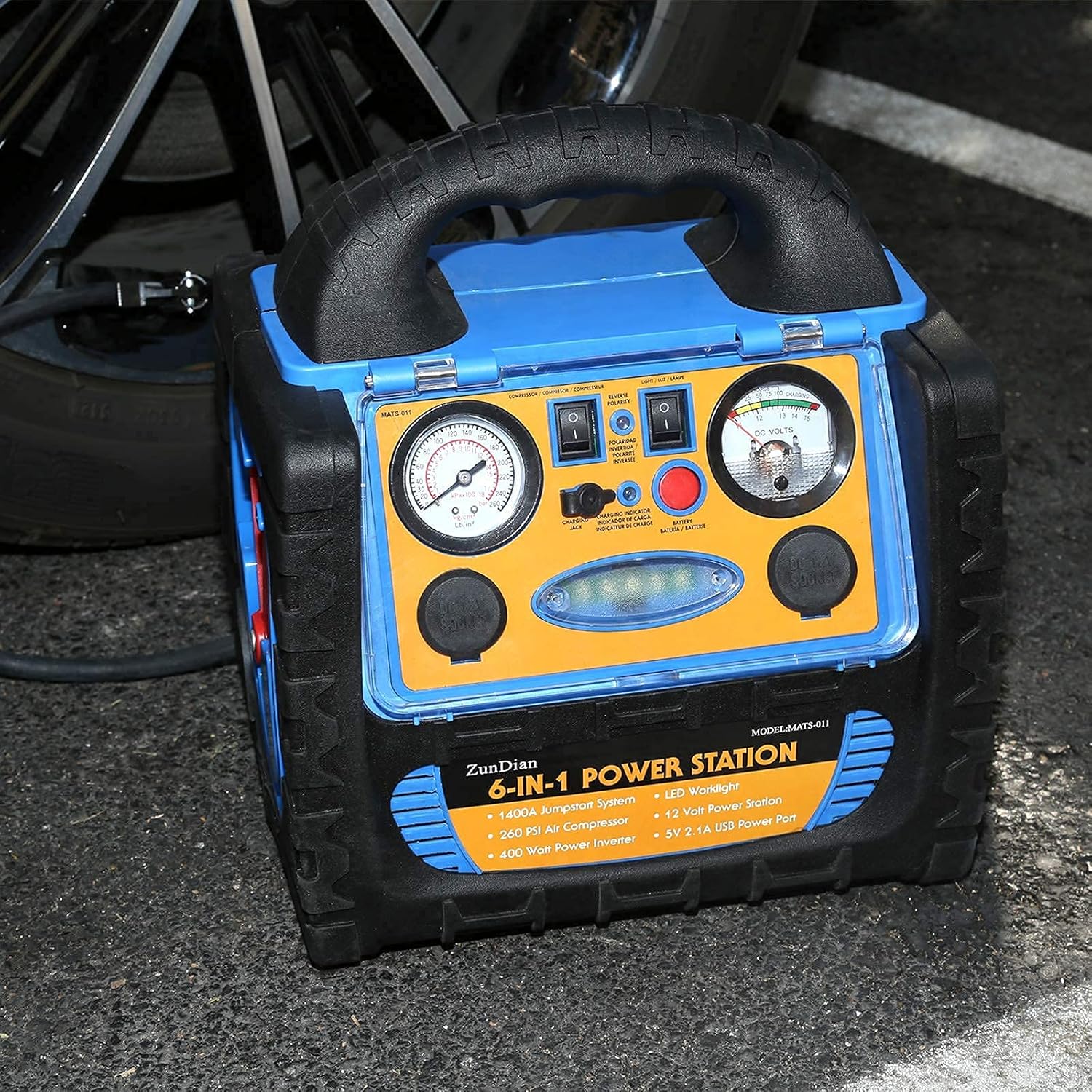 ZunDian Power Station 1400 Amp Battery Jump Starter with Air Compressor Car Tire Inflator, 110V 400W Power Inverter USB DC AC Outlet