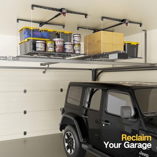 Overhead Garage Storage Rack, 4x4 Ft Adjustable Garage Ceiling Storage Lift, Heavy-Duty Ceiling Mounted Storage Lift System for Garage Organization
