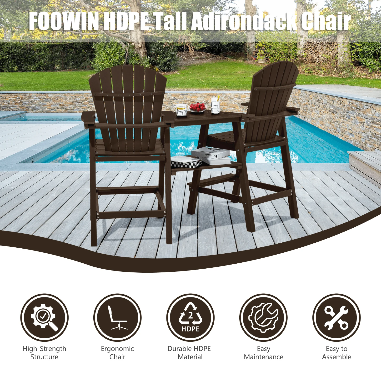 Tall Adirondack Chairs Set of 2 .Outdoor Adirondack Barstools with Double Connecting Tray Patio Stools Weather Resistant for Outdoor Deck Lawn Pool