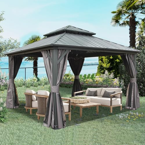 Domi 10' x 10' Hardtop Gazebo Outdoor Metal Gazebo with Galvanized Steel Double Roof Canopy, Curtains and Netting for Patio, Backyard, Deck
