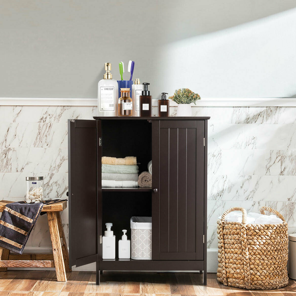 Costway Bathroom Floor Storage Double Door Cupboard Cabinet-Brown
