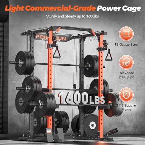 FEIERDUN Multi-Function Squat Rack Power Cage FLA01,2000LBS Capacity Power Rack with Adjustable Cable Crossover System and Additional Attachments