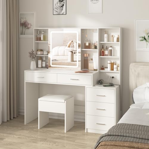 Fameill Vanity Desk with Mirror and Lights, Makeup Vanity with 5 Drawers, Makeup Desk with Charging Station and Ample Storage