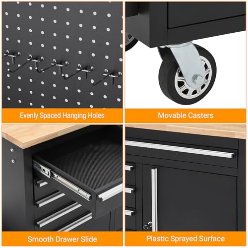 61inch Rolling Tool Chest, Garage Workbench Storage Tool Cabinet 10 with Drawers, Solid Rubber Wood Top with Power Strip, LBS Load Mobile Workstation