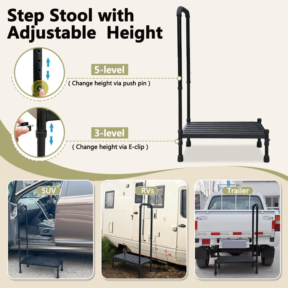 Medical Step Stool with Handle SUV Car Elderly Handicap Steps for RV Mobile Home with Handrail for Adults Seniors Bariatric Metal Stepping Stool