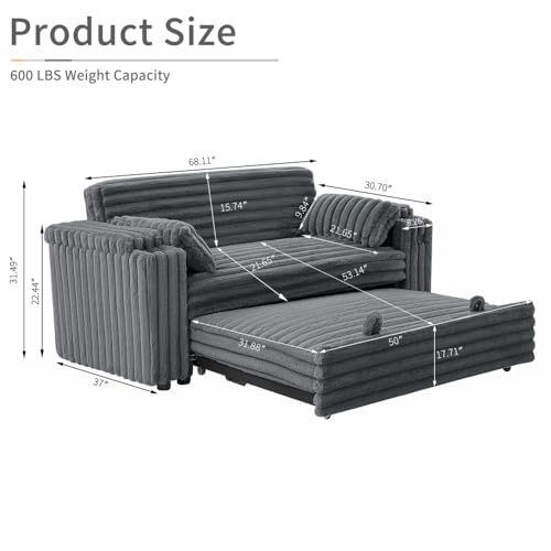 68.11" Corduroy Sleeper Chair Bed with USB Port, Cup Holders & Side Storage Pockets – 3-in-1 Foldable Sofa Bed for Guest Room, Living Room – White