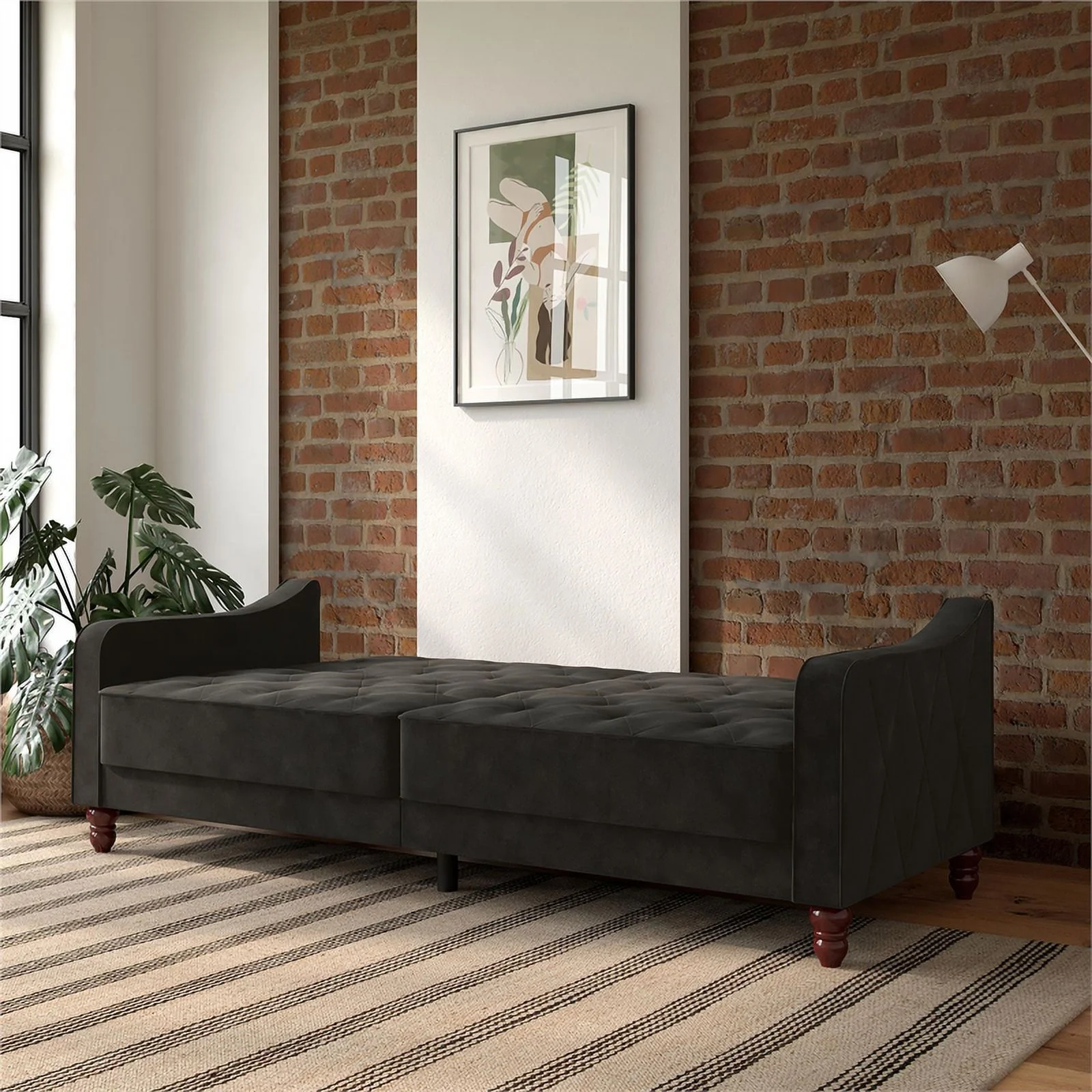 Pemberly Row Contemporary Vintage Tufted Split Back Futon in Grey Velvet