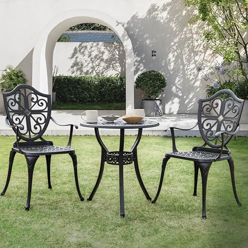 NUU GARDEN 3 Piece Bistro Set Outdoor, All Weather Cast Aluminum Patio Bistro Sets Patio Table and Chairs Set of 2 with Umbrella Hole for Yard