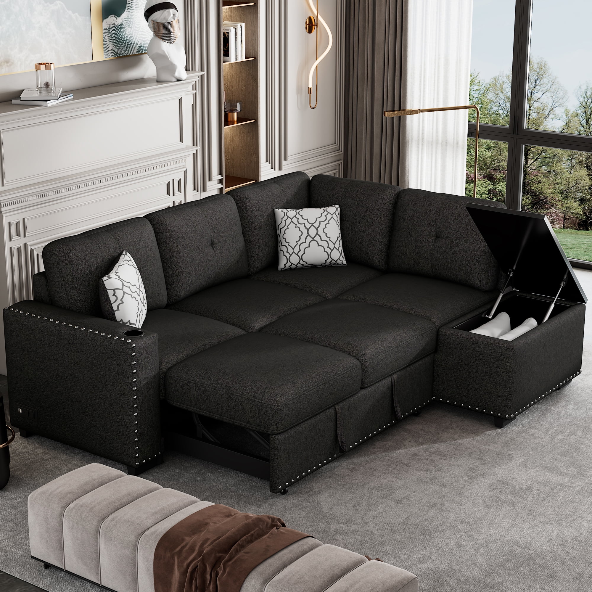 EUROCO 68.5" Chenille Wider Pull-Out Sofa Bed,  L-Shaped Reversible Sectional Sofa Couch with Storage Chaise, USB Ports, Power Sockets