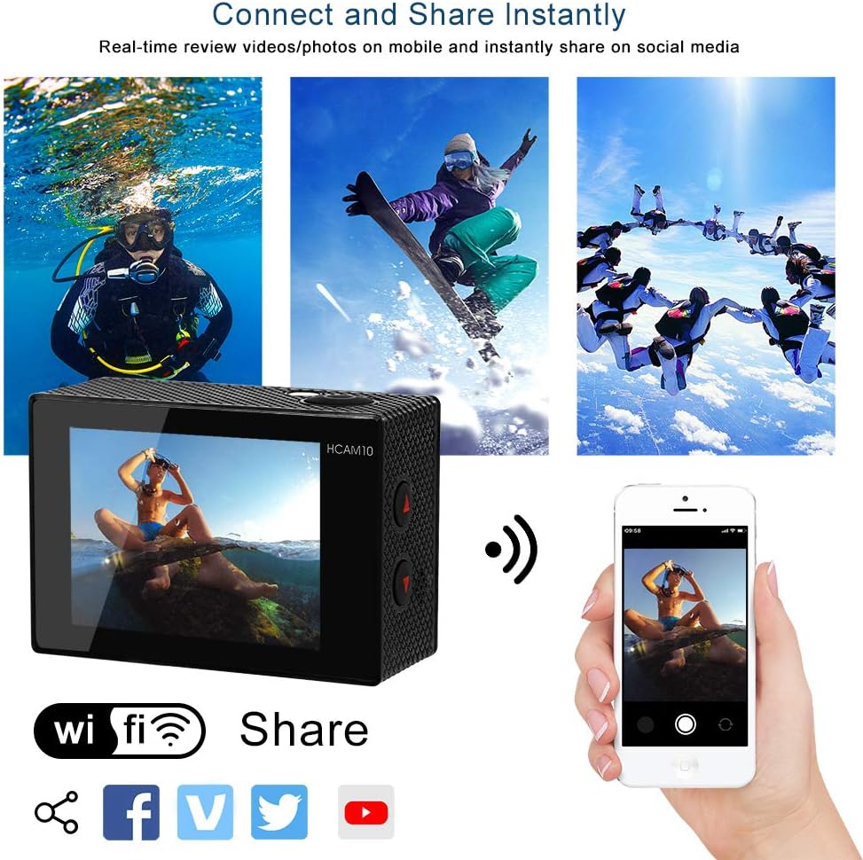 Video Action Camera 4K with Wide Angle Lens HD WiFi Underwater Camera with Waterproof Case Remote Outdoor Sports Camera for Vlog with Accessories