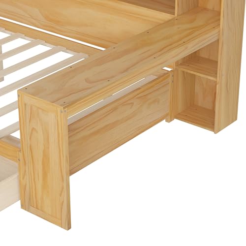 Bellemave Twin Corner Bed Frame with Storage Shelves and Desk, Wood Twin Size Daybed with Bookcase and Drawers and Storage, Gray