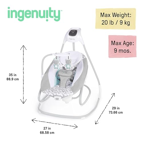 Ingenuity SimpleComfort Lightweight Compact 6-Speed Multi-Direction Baby Swing, Vibrations & Nature Sounds, 0-9 Months 6-20 lbs (Pink Cassidy)