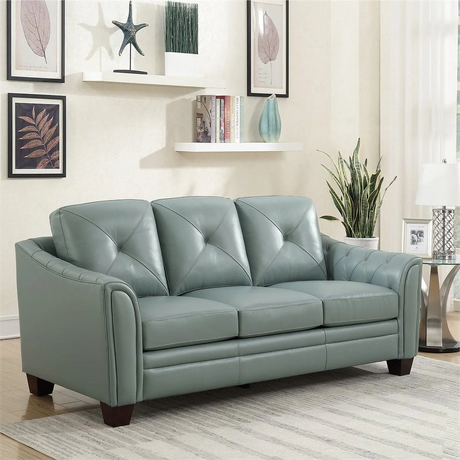 Maklaine 21" Transitional Leather Tufted Fitted Back Sofa in Spa Green
