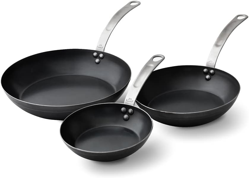 Made In Cookware - 3-Piece (Includes 8",10",12") Blue Carbon Steel Frying Pan Set - (Like Cast Iron, but Better) - Professional Cookware