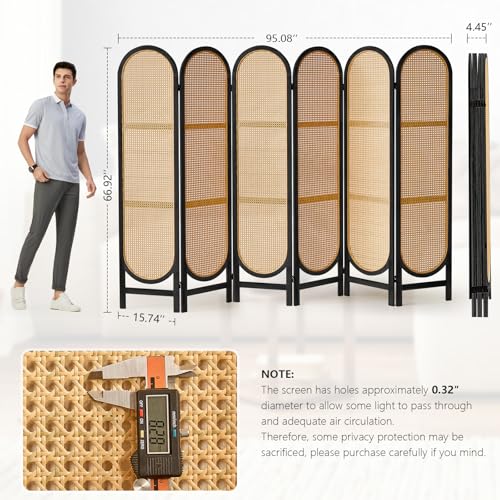 4 Panels Room Divider Wall, Foldable Wooden Room Divider, Individual Privacy Screen Made of Hand-Woven Rattan