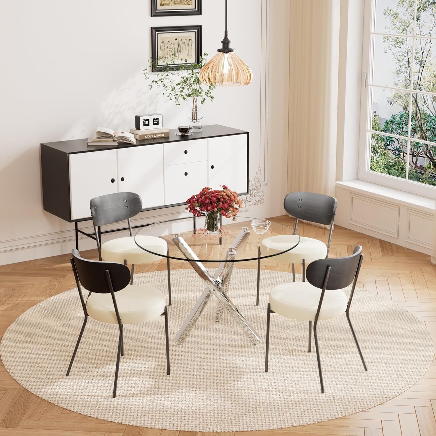 RGZ Round Glass Dining Table Set for 4, Mid Century Modern Circle Dining Room Table Set, 40'' Small Circular Glass Top Dining Set