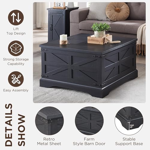 JXQTLINGMU Farmhouse Lift Top Coffee Table with Storage, 36" Wood Square Center Table with Large Hidden Compartment