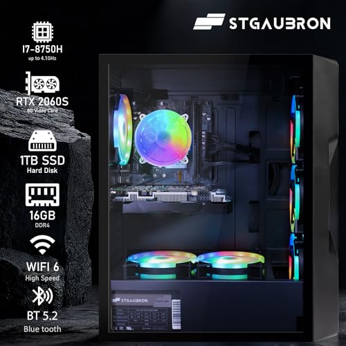 STGAubron Gaming PC Computer Desktop, GeForce RTX 2060 Super 8G, Intel Core I7 8th up to 4.1GHz, 16G DDR4, 1T SSD, WiFi 6 & BT 5.2, RGB Fan x6
