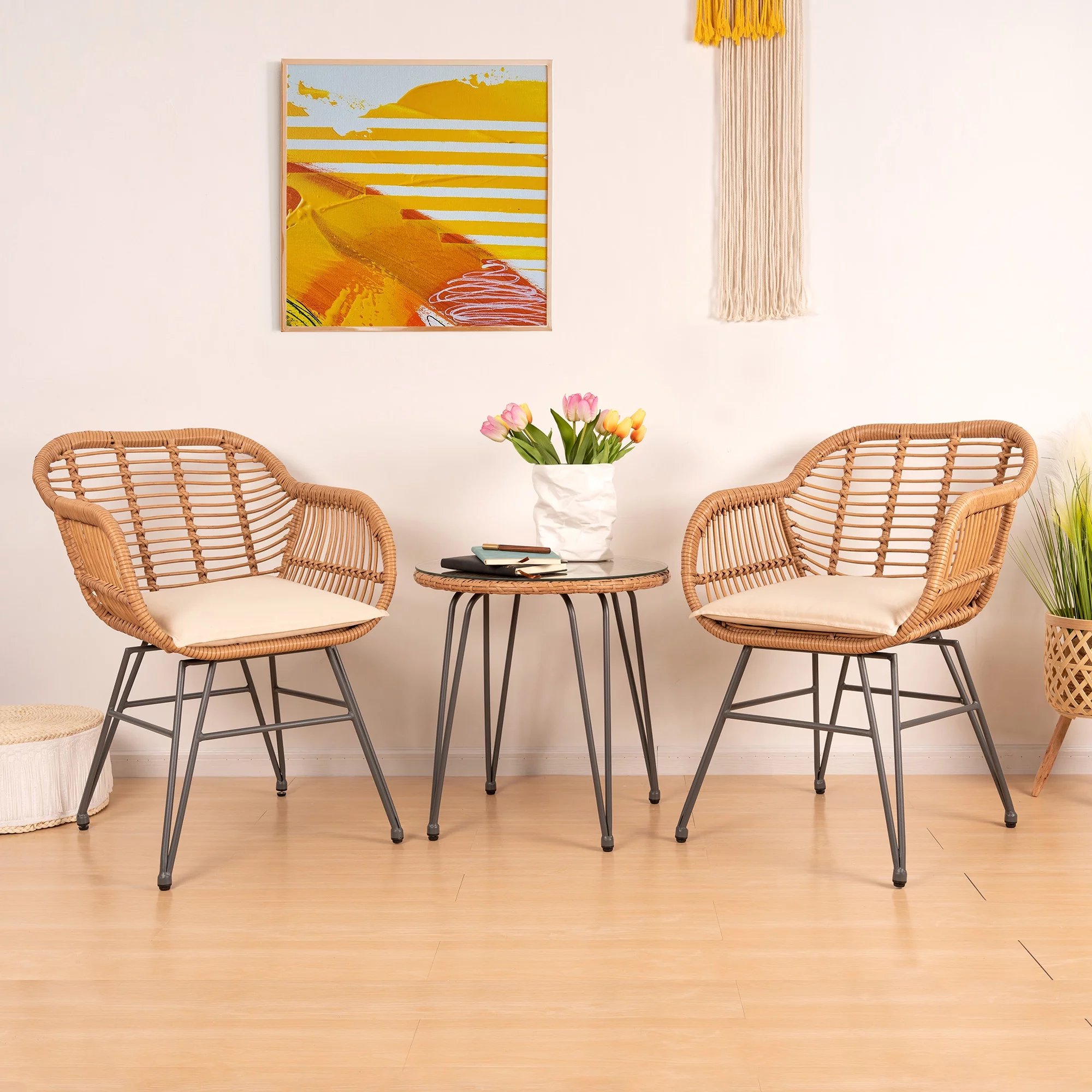 Tappio 3 Piece Outdoor Wicker Furniture Patio Bistro Set, PE Rattan Wicker Chairs Set with Table and Cushions