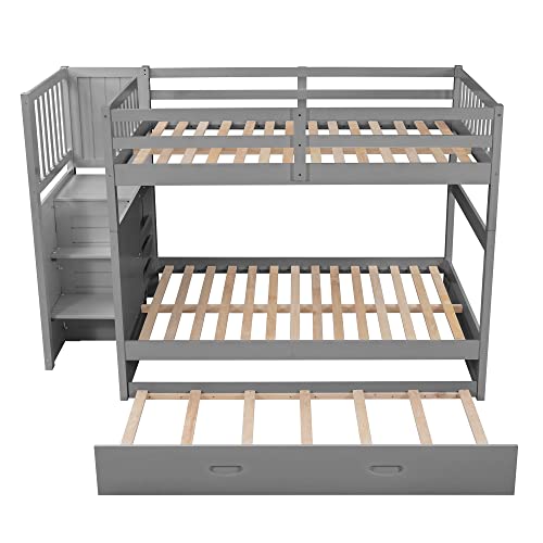 Ball & Cast Full Over Full Bunk Bed with Twin Size Trundle and Built in 4 Drawer,Wood Bunkbed w/Storage Ladder & Slat Support