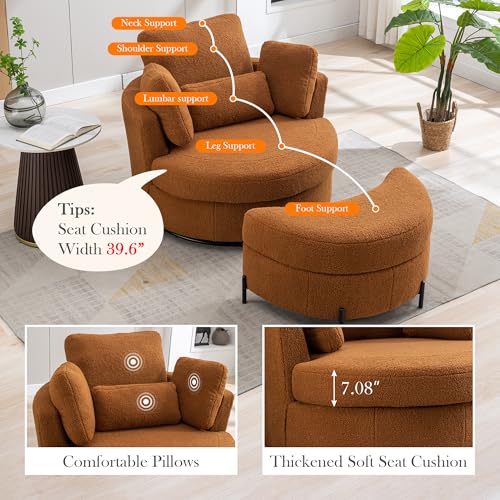 Aoiy & Wifon 42.2" W Oversized Swivel Barrel Chair with Ottoman, Upholstered Round Accent Chair with Storage Ottoman, Chenille, Beige