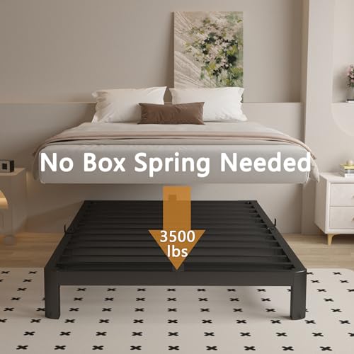 Full Size Bed Frame 16 Inch Black, Metal Platform Full Bed Frame with Baffles, No Box Spring Needed, Heavy Duty Steel Supprt, Rounded Corner Design