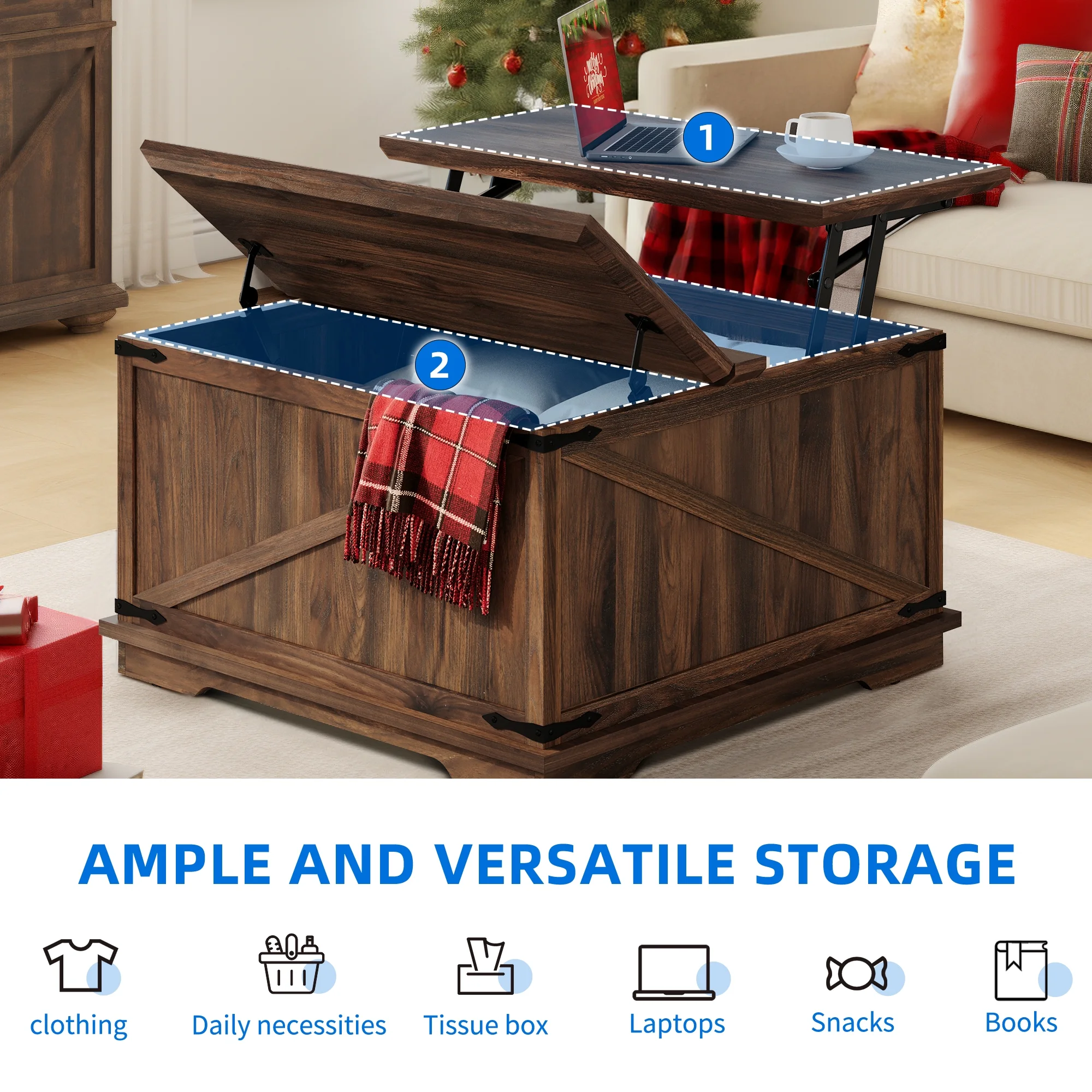 Dextrus Farmhouse Square Lift Top Coffee Table with Storage, Wood Center Table for Living Room, Walnut - Curated Treasures Market
