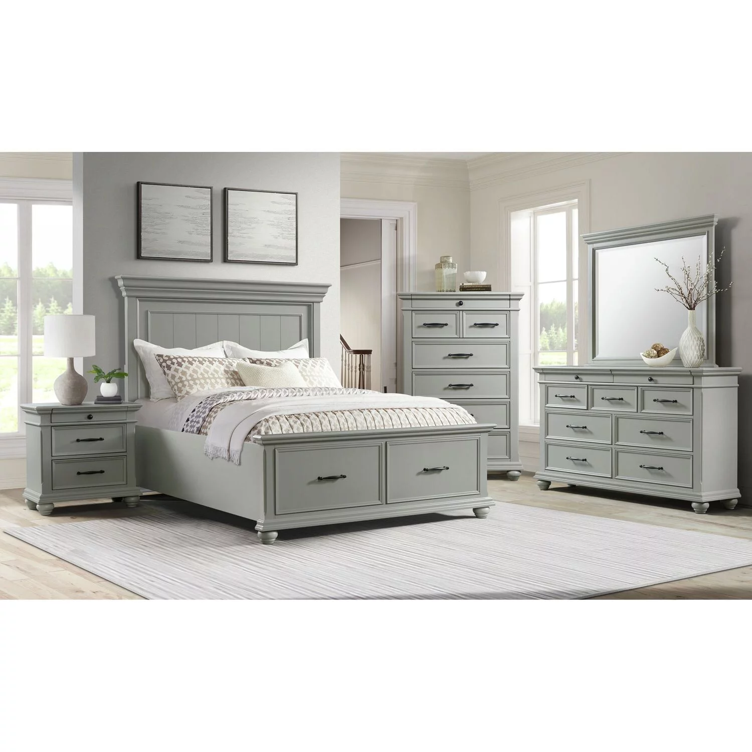 Picket House Furnishings Brooks Queen Platform Storage 4PC Bedroom Set in Grey