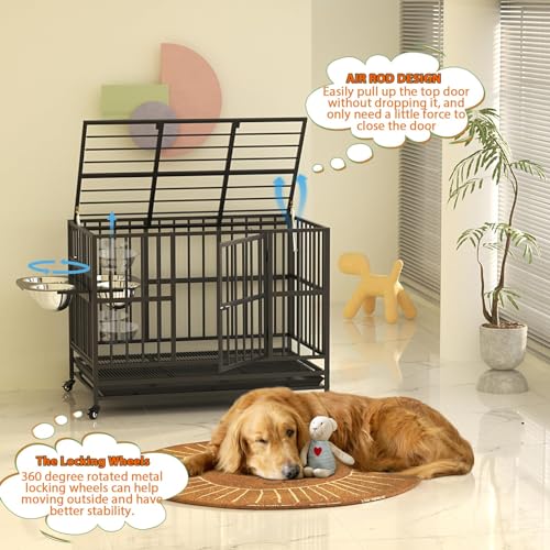 LOVMOR 48" Heavy-Duty Dog Crate with Wheels, Air-Lift Top, Dual 360° Adjustable Bowls – Ideal for Large Dogs