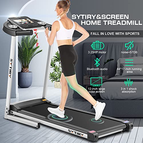 SYTIRY Treadmills for Home with TV Screen and WiFi,Smart Folding Treadmill Machine,3D Virtual Sports Scene,HiFi Speakers