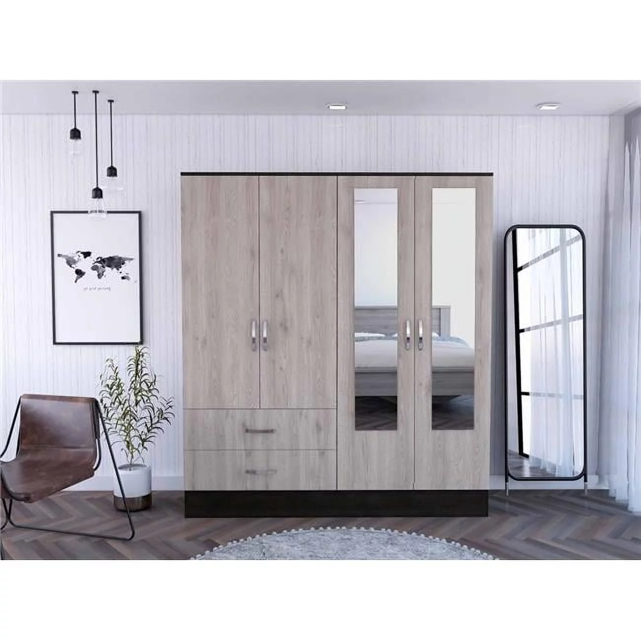 Four Door Wardrobe Closet with Mirrors, Black & Light Oak