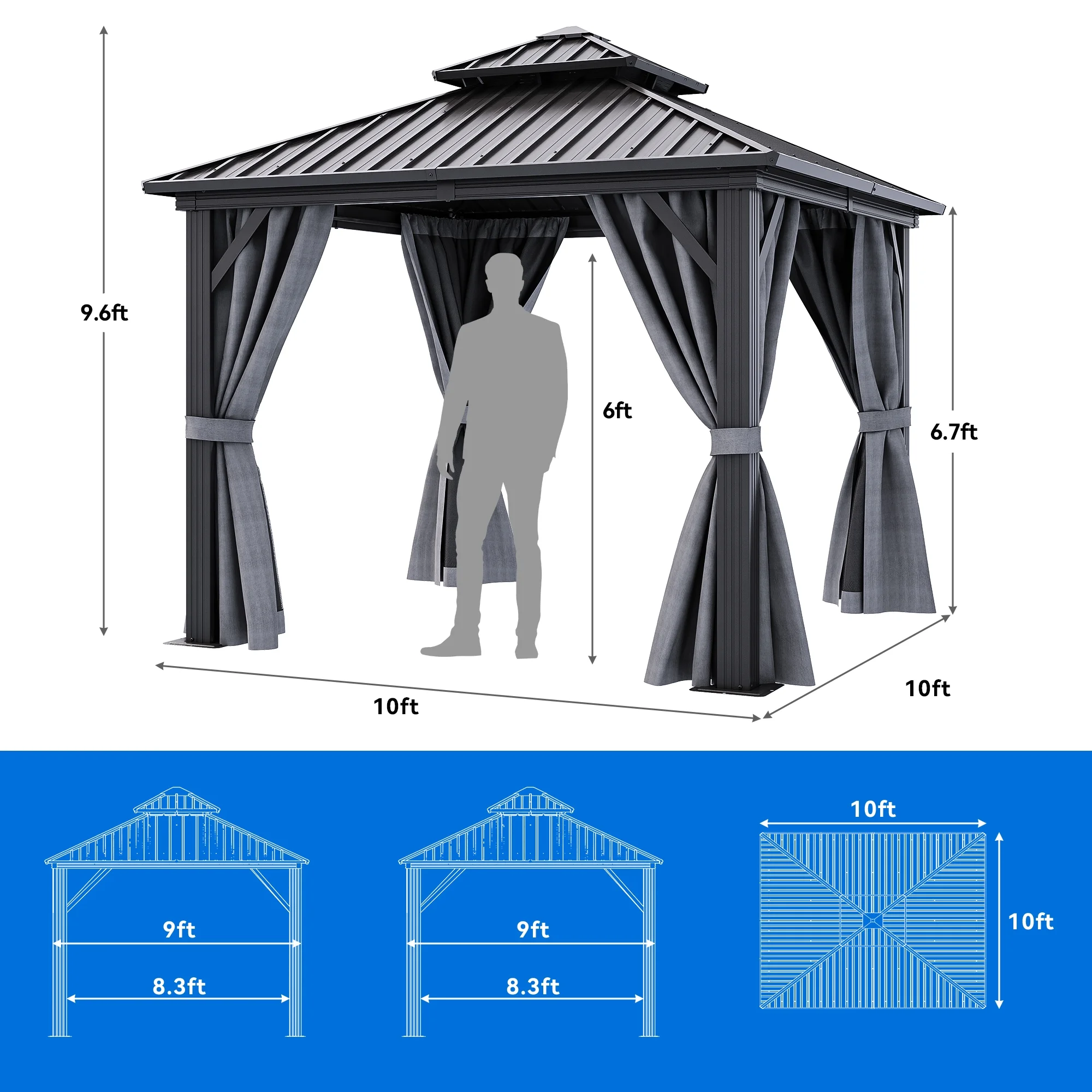 Dextrus 10x10ft Double Roofed Hardtop Gazebo, Metal Outdoor Pavilion with Nettings and Curtains for Patio, Backyard, Deck, and Lawns - Black