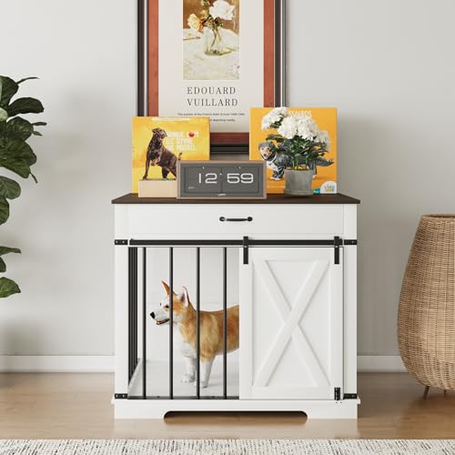Aoowow Large Double Dog Crate Furniture 72.4" Indoor Dog Kennel with Sliding Barn Door and Divider