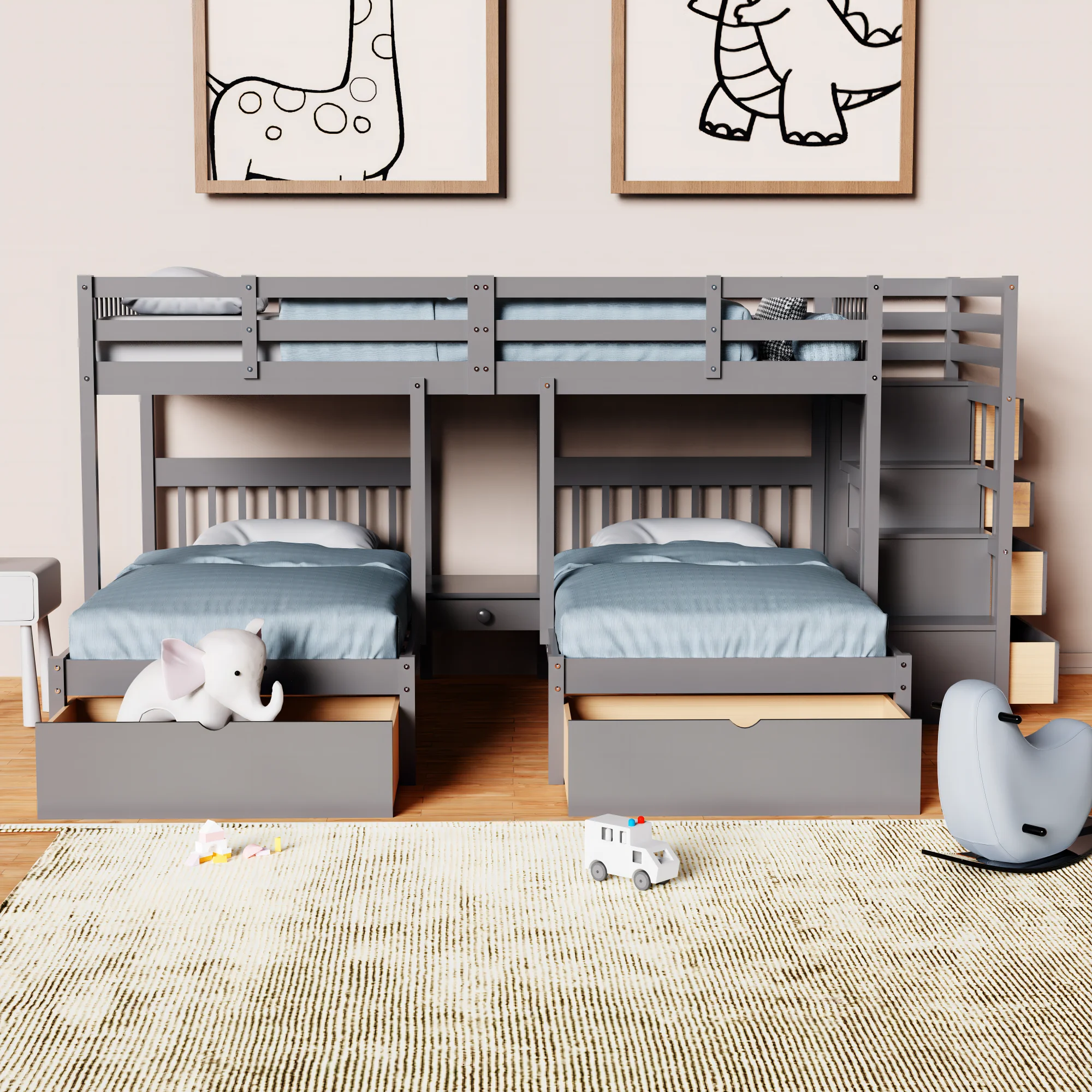 Full Over Twin & Twin Bunk Bed, Wood Triple Bunk-Beds with Drawers and Guardrails,White