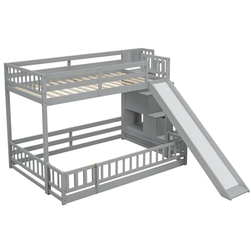Bunk Beds Twin Over Full Size, Pine Solid Wooden Bunk Bed with Slide, Storage Staircase, Safety Guardrails for Kids, White
