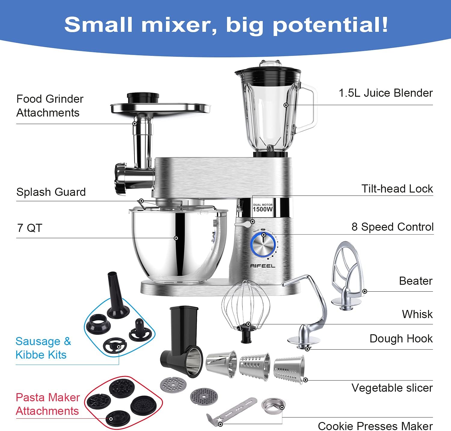 Die-cast stand mixer,Aifeel 9 Accessories Multifunctional Kitchen Mixer Low Noise