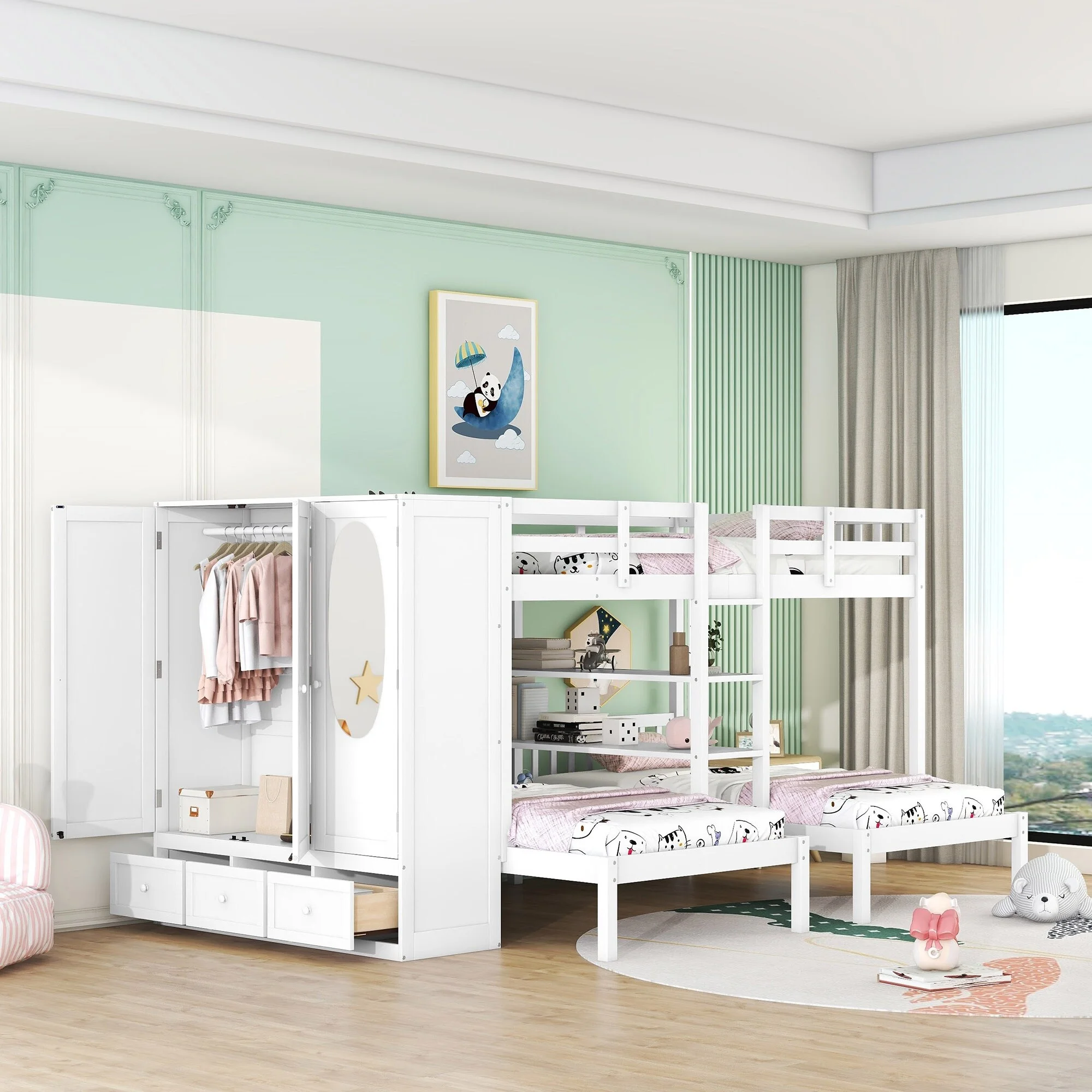 Full-Over-Twin-Twin Bunk Bed with Shelves, Wardrobe, Mirror, and Storage Solutions - Space-Saving Furniture for Growing Families White