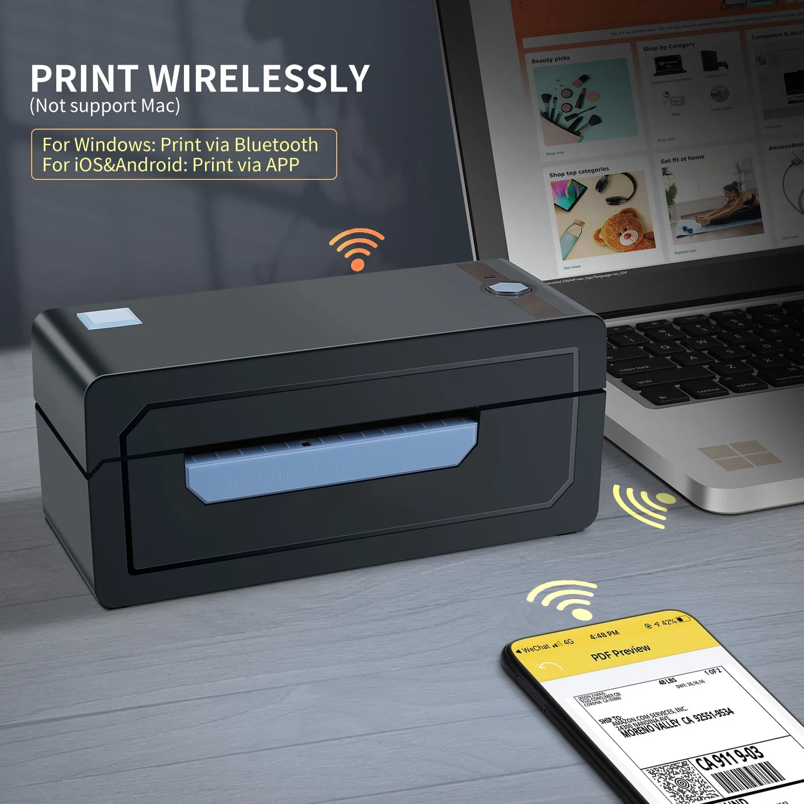 JADENS Thermal Label Printer, 4''x6'' Bluetooth Label Printer for Shipping Packages, Compatible with Windows Smartphone