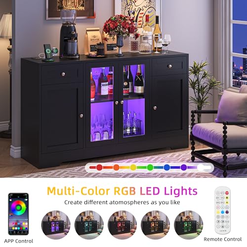 LED Coffee Bar Cabinet with Storage, 55'' Large Sideboard Buffet Cabinet, Wood Coffee Bar Buffet Table with 4 Doors and Charging Station