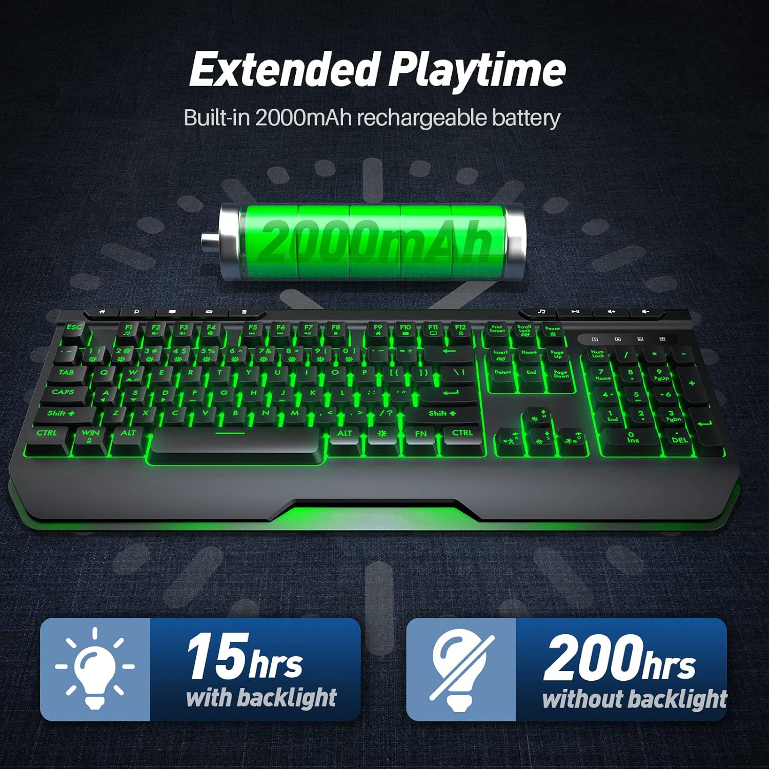 Gaming Keyboard, Qwecfly Wireless Gaming Keyboard, Rechargeable Backlit Keyboard, Wireless Wired Dual-Mode Quiet Keyboard with Ergonomic Wrist Rest
