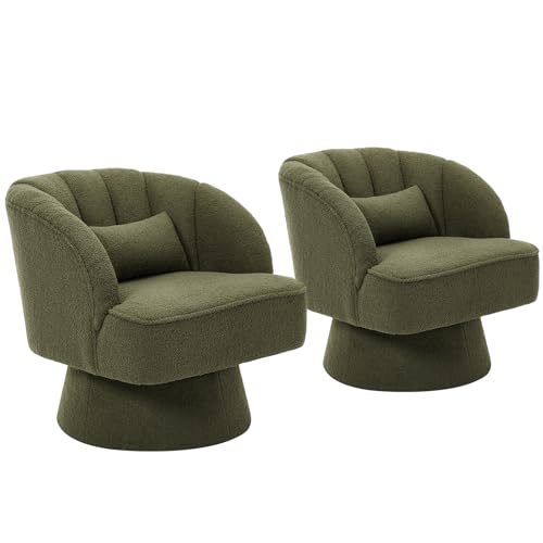 GarveeHome Modern Swivel Barrel Accent Chair, 360° Teddy Fabric Upholstered Armchair with Striped Backrest & Plush Padding