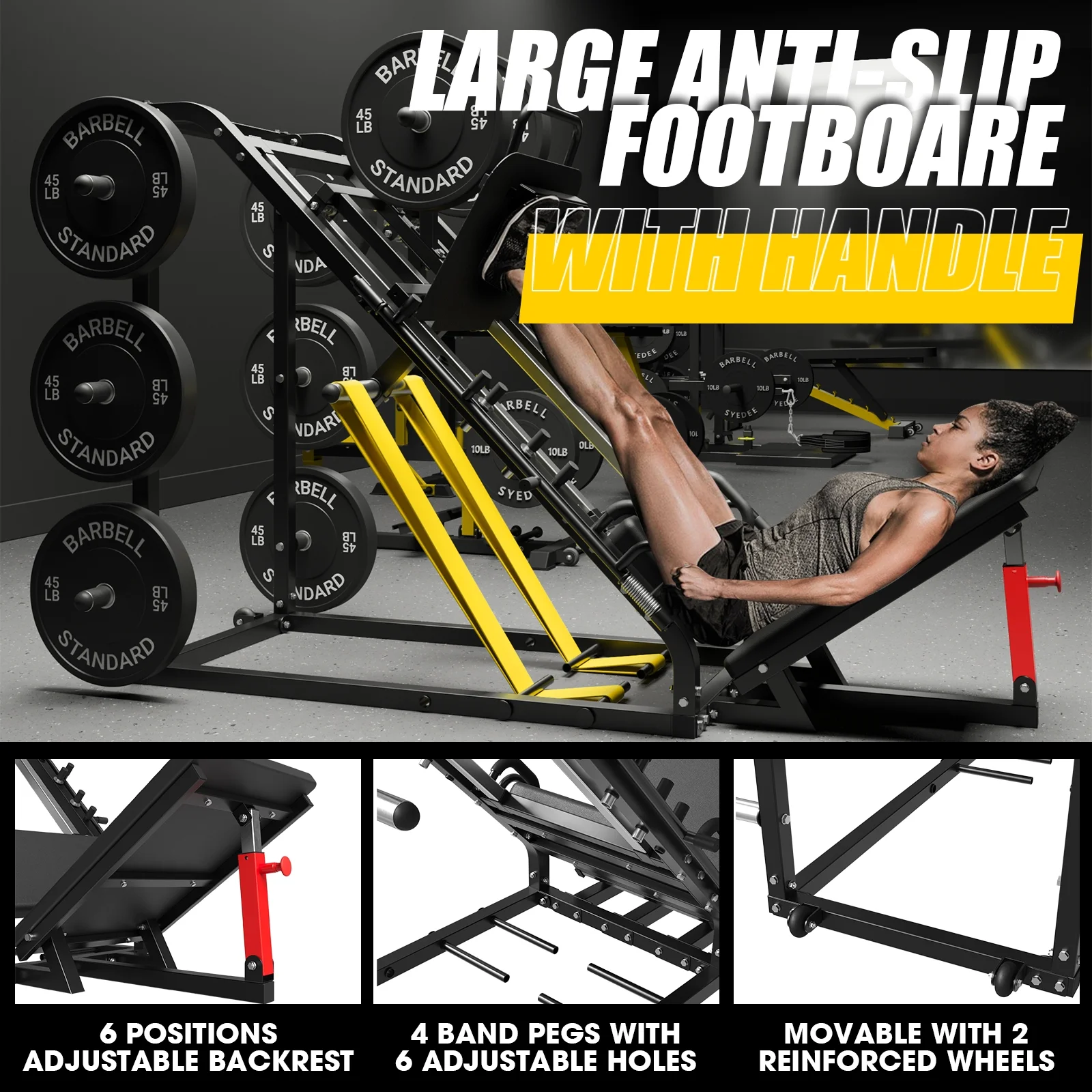 syedee Leg Press Machine with Calf Block, 1500LBS Weight Capacity Adjustable Leg Machine with Resistance Band Pegs and Plate Storages