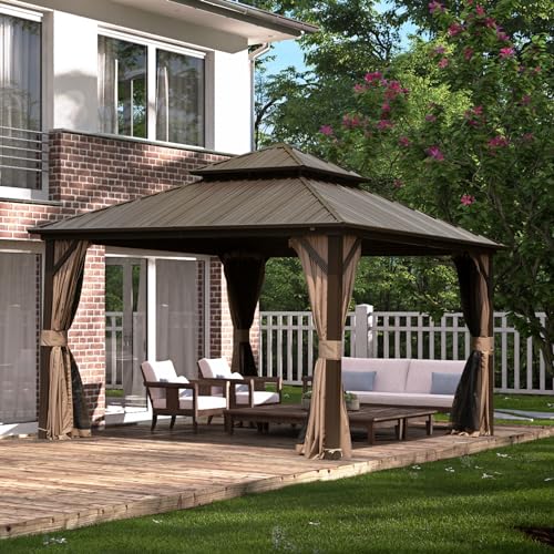 Domi 10' x 10' Hardtop Gazebo Outdoor Metal Gazebo with Galvanized Steel Double Roof Canopy, Curtains and Netting for Patio, Backyard, Deck