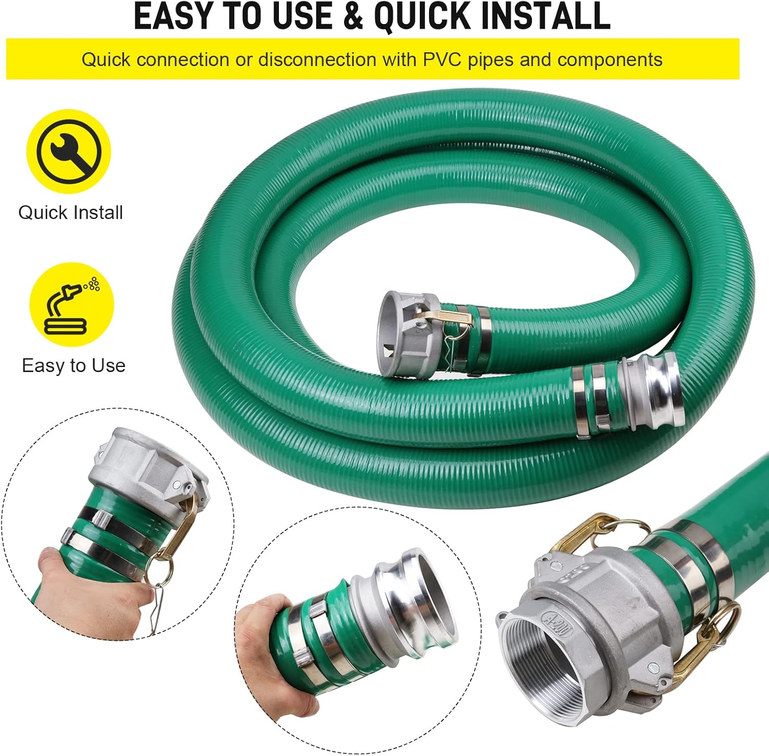 3" x 20' Green PVC Suction Hose Assembly, 3" Male X FemaleCam and Groove， For Swimming Pools & Spas 60 PSI Max Pressure