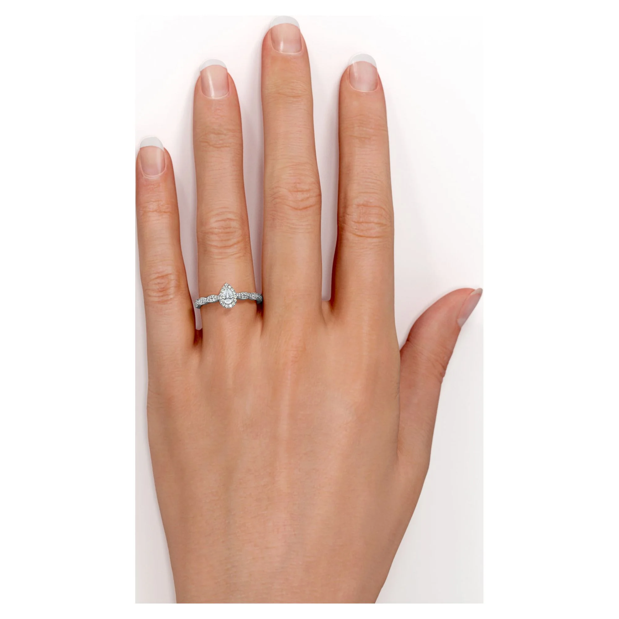 JeenMata 0.5 TCW Pear Cut Diamond - 3 Prong Halo Setting - Semi Infinity Pave Engagement Ring - 10K White Gold