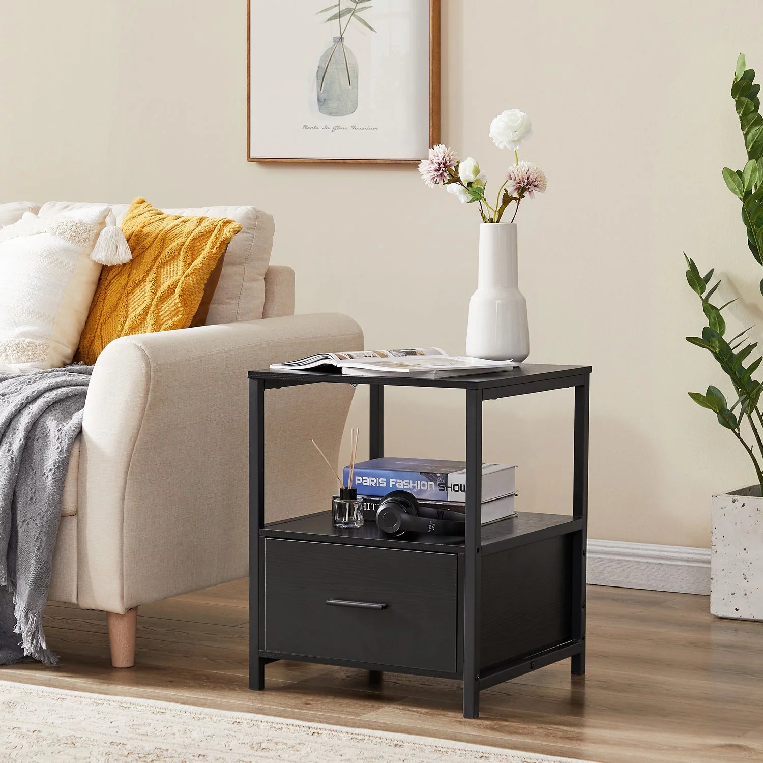 VECELO 3-Piece Bedroom Set with Twin Bed Frame and 2 Black Nightstands