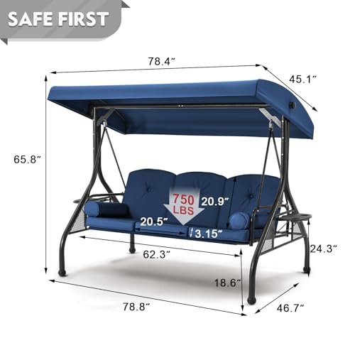 HOMREST 3 Seat Outdoor Porch Swing with Adjustable Canopy, Convertible Patio Swing Bed with Stand, Patio Glider Swing with Upgraded Cup Holder